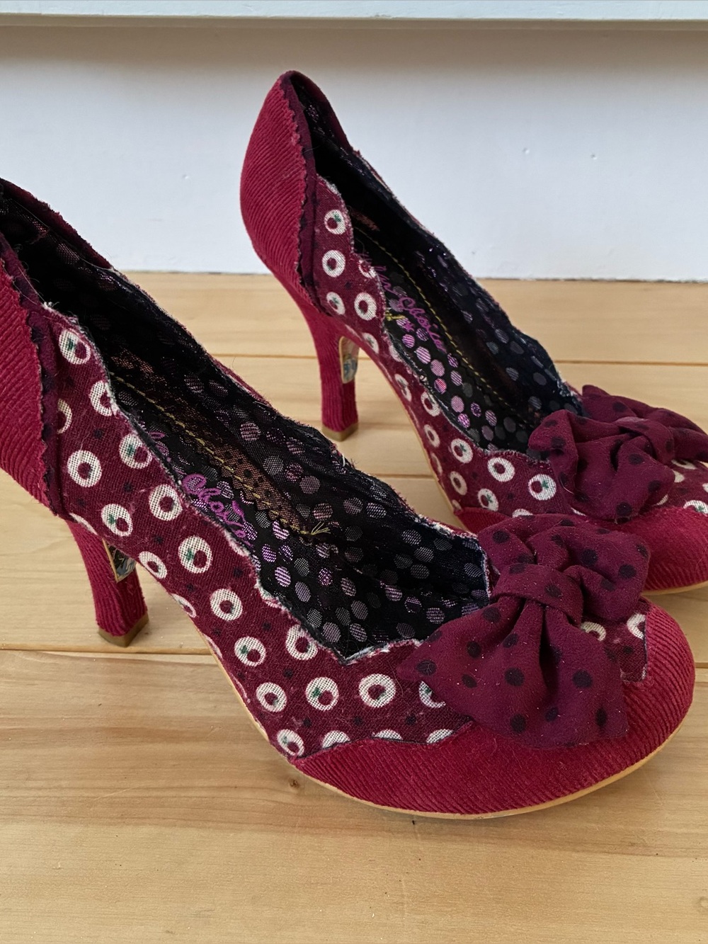 Irregular Choice Beach Trip Burgundy Polka Dot Bow Heels, Never Worn, Size 38 - Picture 7 of 7